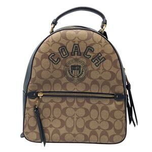 Coach Signature Canvas Backpack Brown Green Varsity Logo Zip Bag Leather Trim